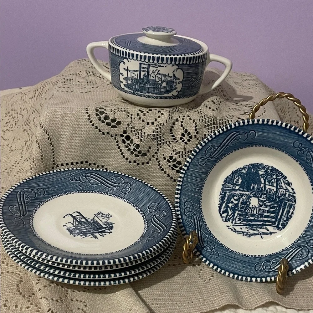 Blue and White Transferware Dinner Plates and Sugar Bowl Set